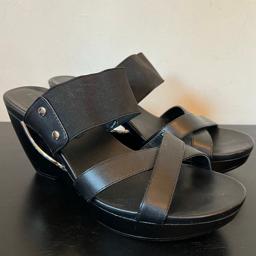 Laura Ashley Black Silver Hardware Elastic Strappy Cut Out Wedge Sandals 8
